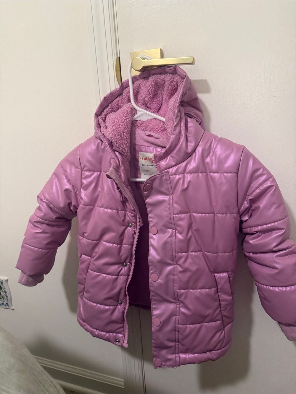 Cat & Jack Girls' Pink Puffer Jacket with Hood and fold over mittens 4T